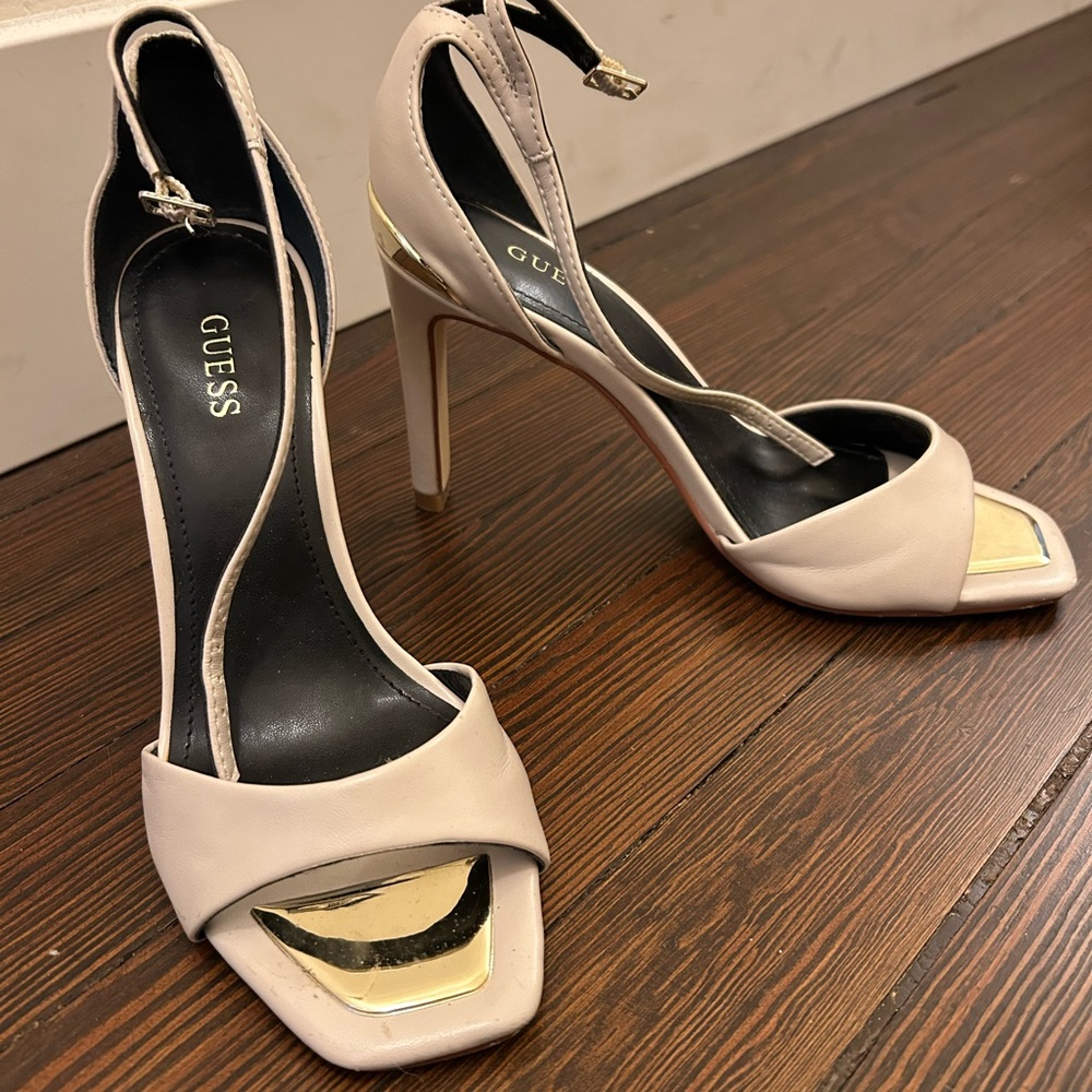 GUESS Nude Open-Toe Ankle Strap Heels with Gold Accents